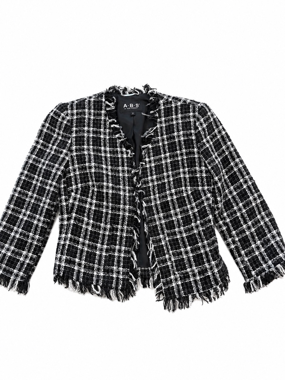 ABS Allen Schwartz Plaid Tweed Fringe Collarless Jacket Size 2 USA